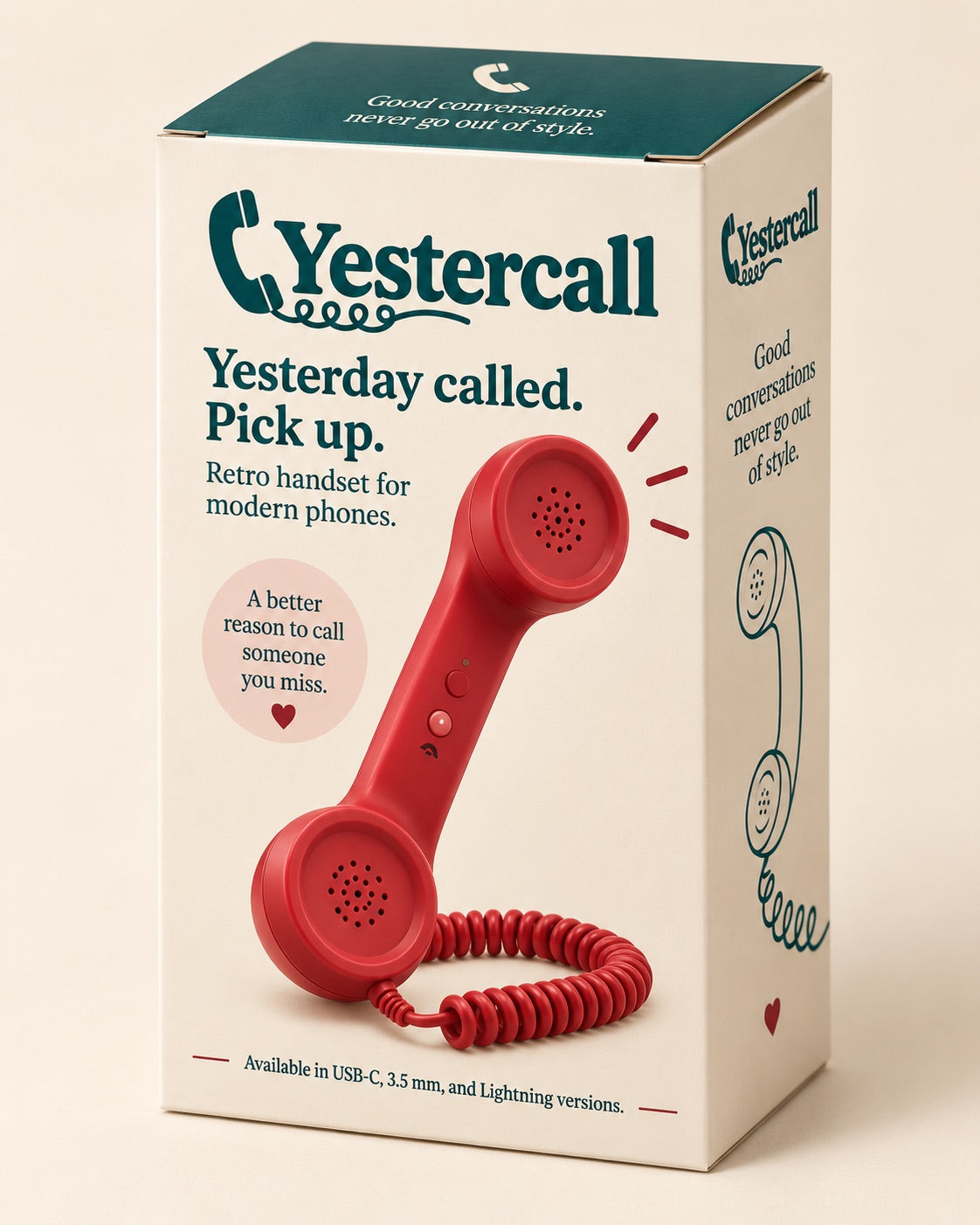Yestercall cream and teal handset packaging.