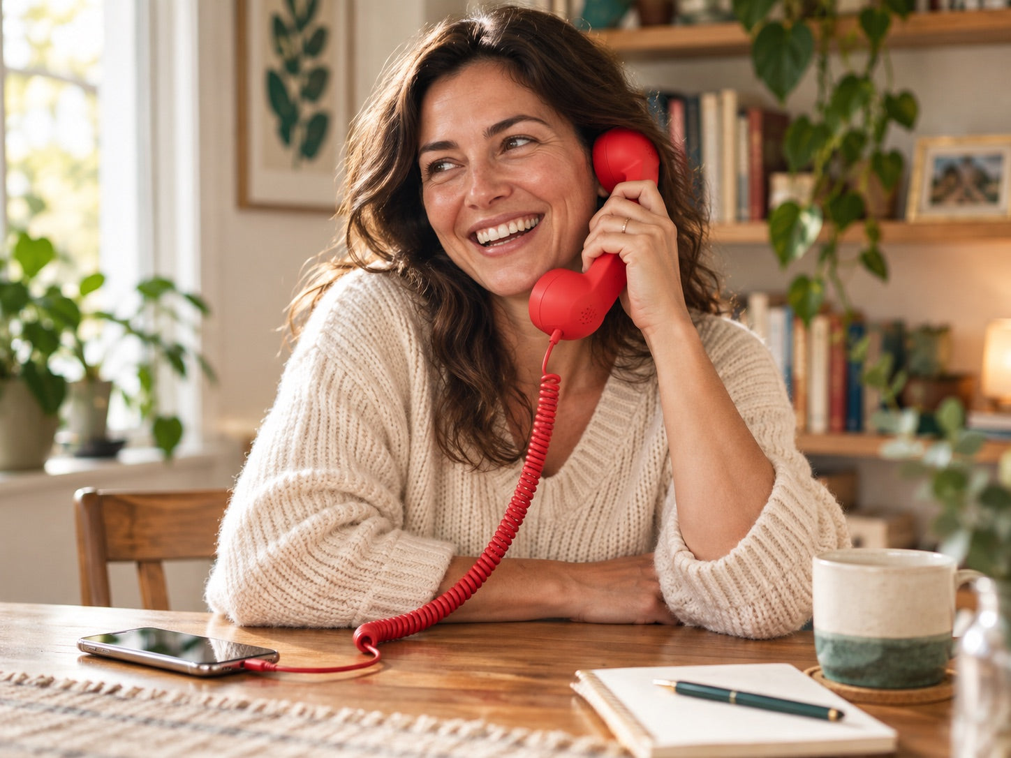 A woman enjoying a call with a red retro handset at home.