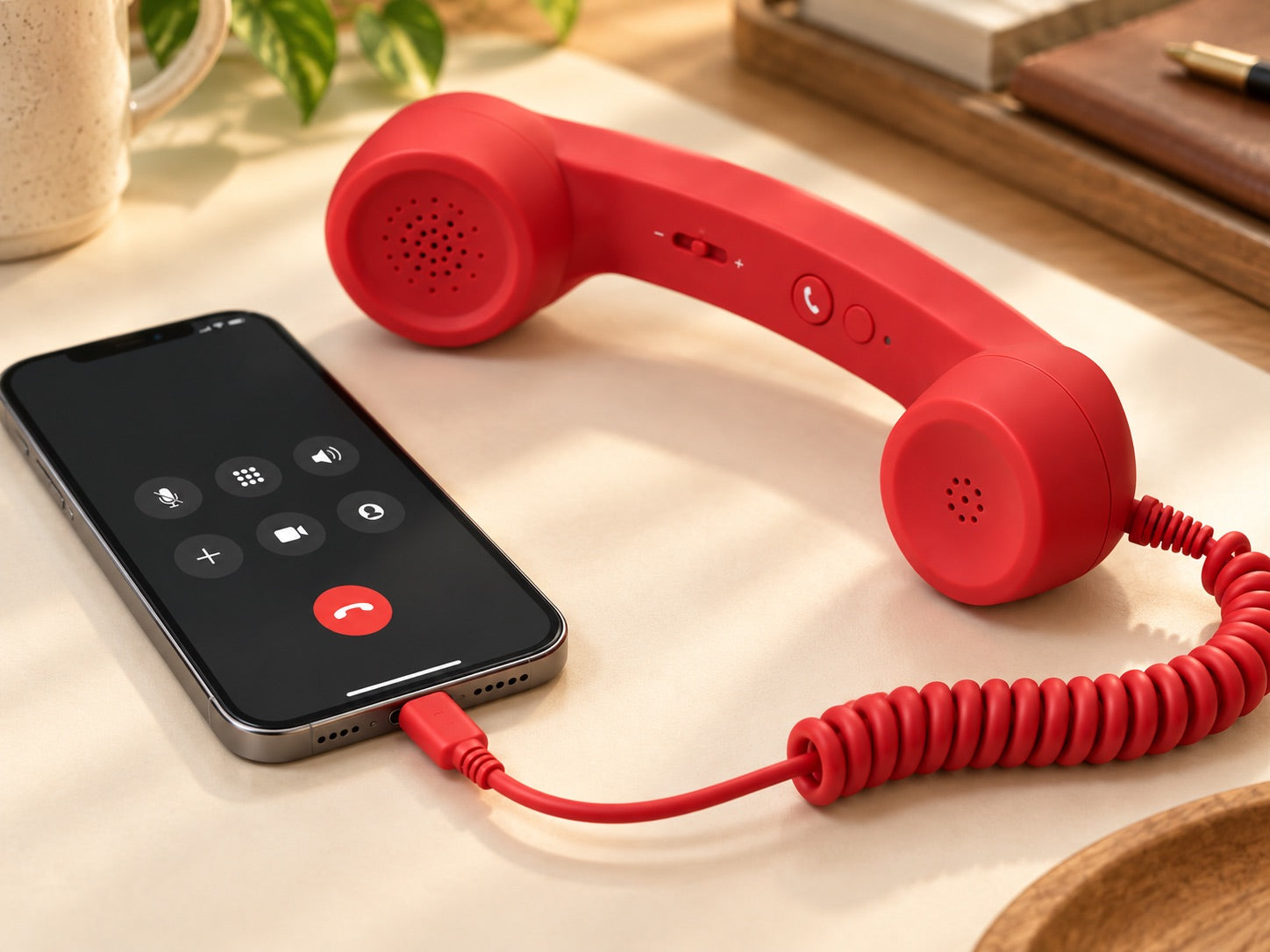 Red handset connected to a smartphone with its wired USB-C cable.